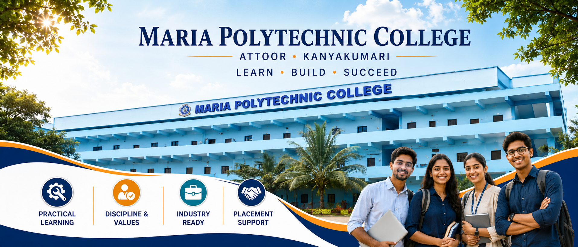 Maria Polytechnic College campus banner highlighting practical learning, discipline and values, industry readiness, and placement support